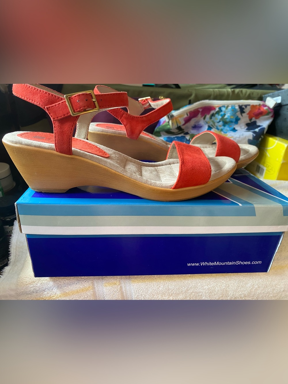 White Mountain Red Suede Ankle-Strap Wedge Sandals memory foam footbed 8 1/2